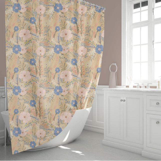 Cortina Para Box Padrão Floral Rosa Elegante (Elegant Blue Caramel And Pink Floral Pattern Shower Curtain from Studio Posies.)
