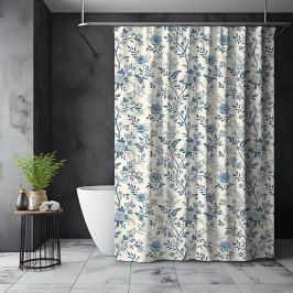 Cortina Para Box Padrão Floral Toile de Jouy Francês Azul
