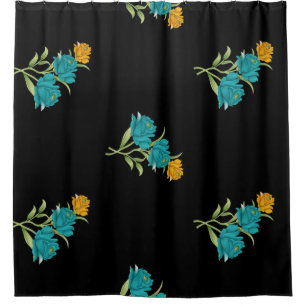 Cortina Para Box Padrão Floral Turquesa Coral Verde sobre Preto