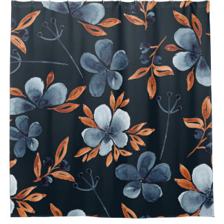 Cortina Para Box Padrão floral uniforme de aquarelas com indigo flo