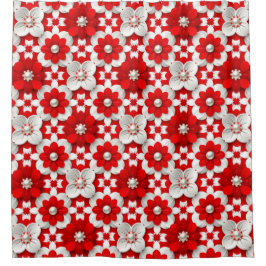 Cortina Para Box Padrão Floral Vermelho e Branco Vibrante com Pérol