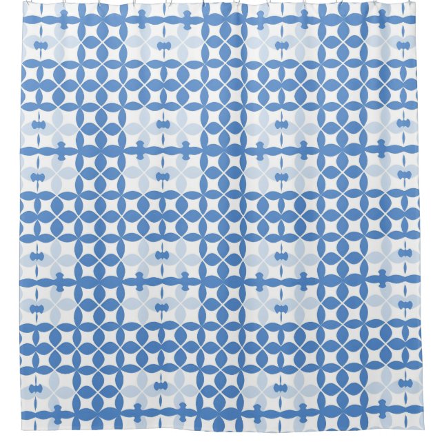 Cortina Para Box Padrão Geométrico Abstrato Azul e Branco (Frente)