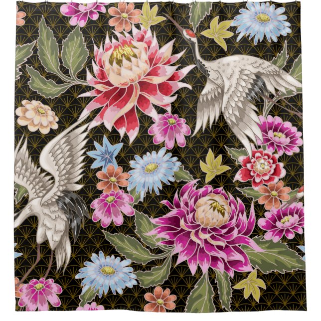 Cortina Para Box Padrão japonês com flores e gruas brancas (Frente)