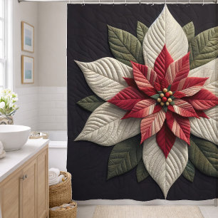Cortina Para Box Padrão Matelassê Poinsettia Vermelho Verde Preto