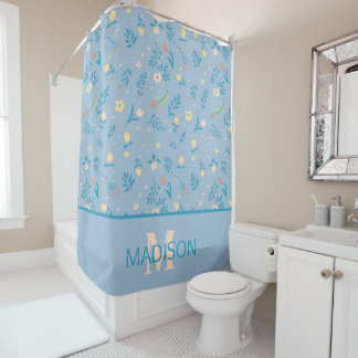 Cortina Para Box Padrão moderno bonito Monograma Floral Azul Vintag