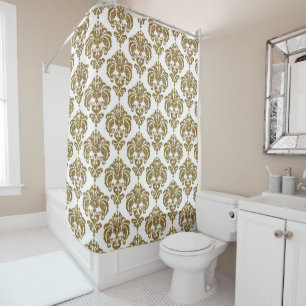 Cortina Para Box Padrão Moderno Chic Damasco Glitter Dourado e Bran