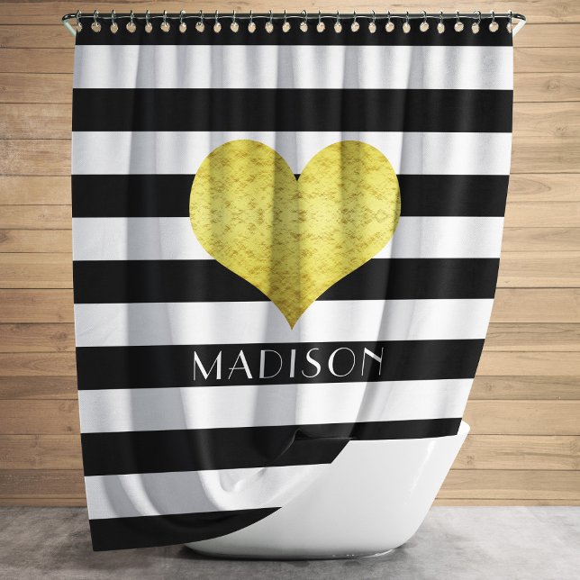 Cortina Para Box Padrão Moderno de Stripes Negra e Branca (Gold Heart Black White Stripes Pattern Name Shower Curtain)