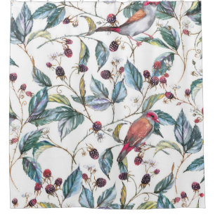 Cortina Para Box Padrão natural de aquarelas: amoras, aves, f