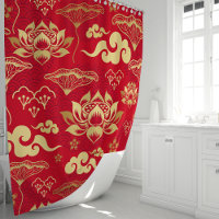 Padrão Oriental Floral Lótus Vermelho e Dourado