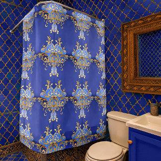 Cortina Para Box Padrão Ornamental Arabesco Azul Real Dourado