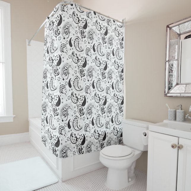 Cortina Para Box Padrão Paisley Preto e Branco – Arte Textil Elegan (In Situ)