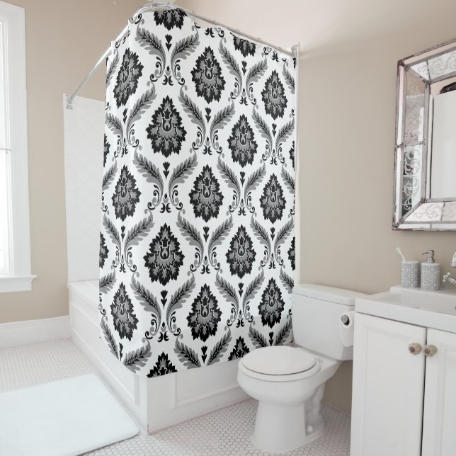 Cortina Para Box Padrão Rococó Damask Cinza Preto Branco (In Situ)
