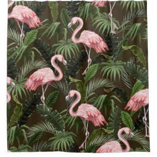 Cortina Para Box Padrão sem costura com flamingo e folhas tropicais