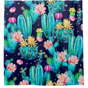 Cortina Para Box Padrão uniforme de aquarela. Cactos de flores em