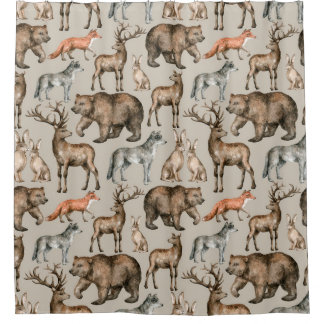 Cortina Para Box Padrão uniforme de aquarela com anima florestal se