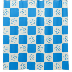 Cortina Para Box Padrão Verificado de Flor Azul de Pré-Disquete