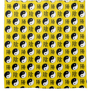 Cortina Para Box Padrão Yinyang Chinês de Fundo Amarelo