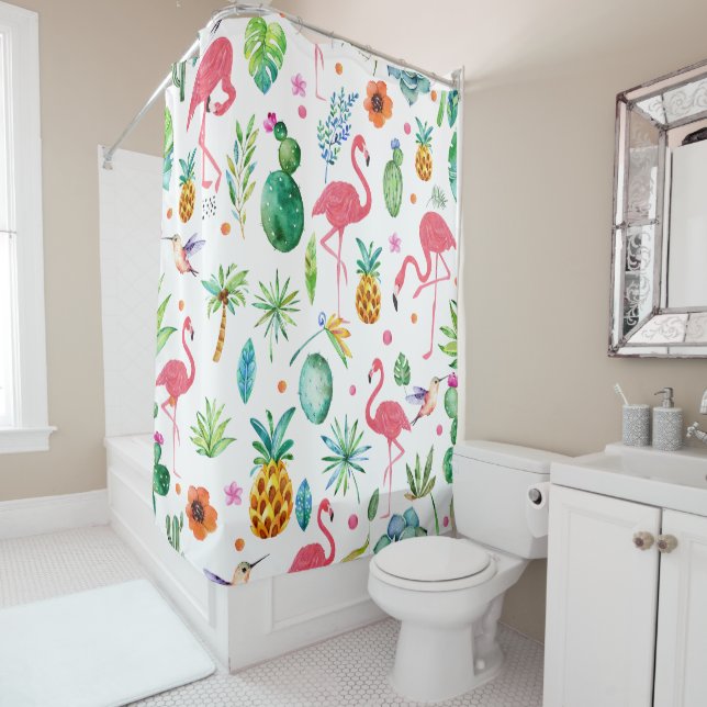 Cortina Para Box Padrões de Flamingos Rosa e Flores Tropicais (In Situ)