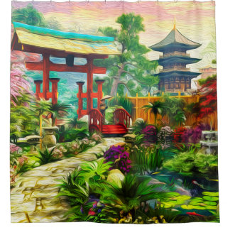 Cortina Para Box Pagode japonês Sakura do jardim e cachoeira
