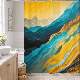 Cortina Para Box Paisagem Abstrata Amarelo Azul Marrom