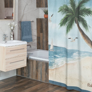 Cortina Para Box Paisagem de Praia com Barcos de Navegação Banhroom