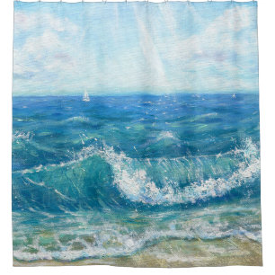 Cortina Para Box Paisagem de verão, ondas azuis, pintura acrílica.