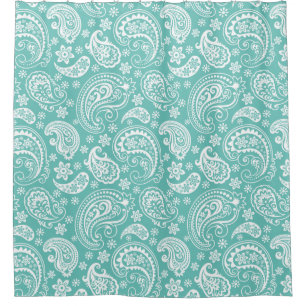 Cortina Para Box Paisley Da Vintagem Branca No Fundo Da Turquesa
