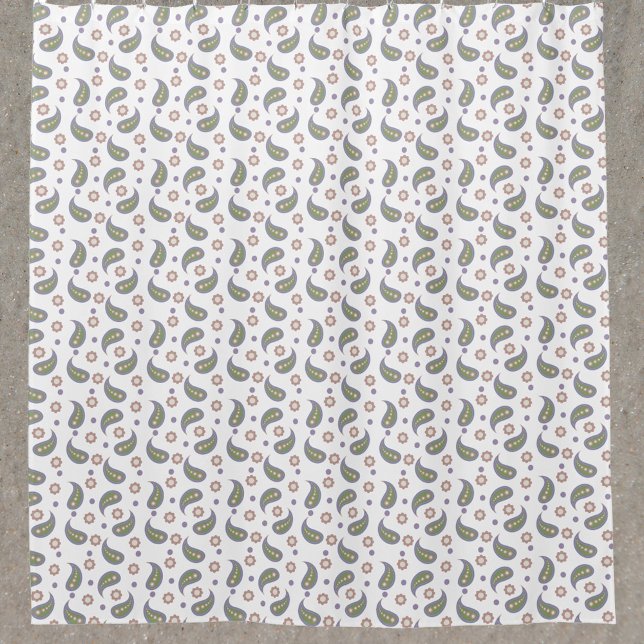 Cortina Para Box Paisley Flowers Bolinhas Púrpura Verde Rosa (A shower curtain with a pattern of paisley, flowers and dots done in pink, green, purple & blue.)