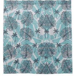 Cortina Para Box Palma Azul Folha Chá Sem Sede Cortina