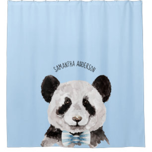 Cortina Para Box Panda Moderna De Aquarela Com Nome E Pastel Azul