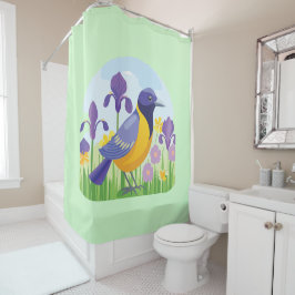 Cortina Para Box Pássaro Moderno com Padrão Floral da Flor Íris