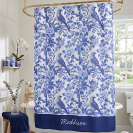 Cortina Para Box Pássaro Monograma Floral Chinoiserie Azul