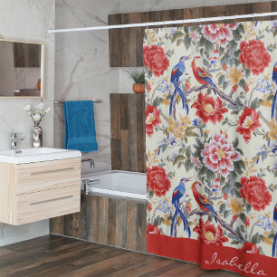 Cortina Para Box Pássaro Vermelho Azul Cor-de-rosa-rosa com comida