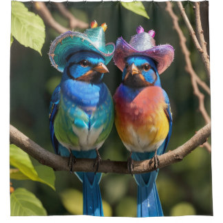 Cortina Para Box Pássaros Azuis com Chapéus de Cowboy Espardais