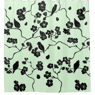 Cortina Para Box Pássaros com flores de cereja pretas em verde-mint