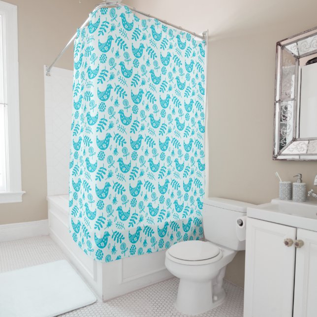 Cortina Para Box Pássaros Pequenos Azul Turquesa Branco (In Situ)