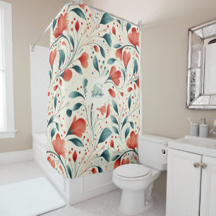 Cortina Para Box Pasta Azul Whimsical e Padrão Floral Vermelho