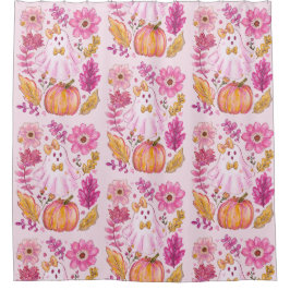 Cortina Para Box Pastel Pink Halloween Ghost with Flowers and Pumpk
