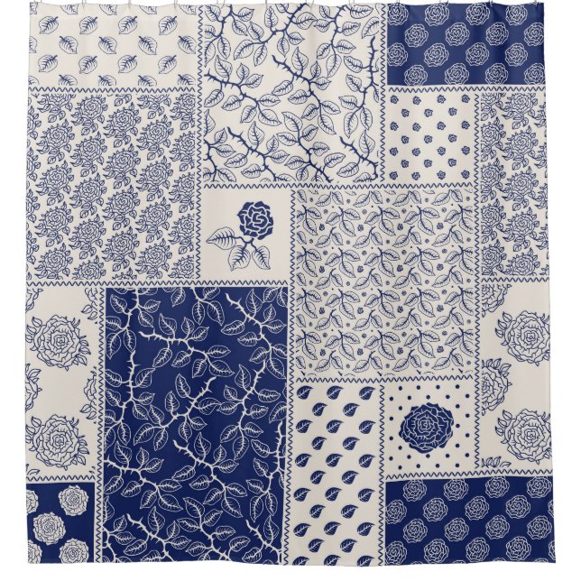 Cortina Para Box Patchwork Floral do Indigo Blue Beige (Frente)