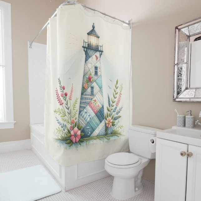 Cortina Para Box Patchwork Lighthouse Coastal Floral Scene (In Situ)