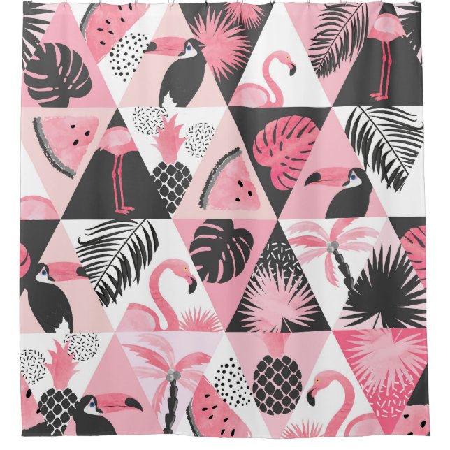 Cortina Para Box Patchwork Tropical: Flamingo Watermelon Seamless. (Frente)