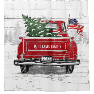 Cortina Para Box Patriótico Natal Vintage Red Truck Flag Russo