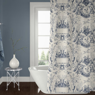 Cortina Para Box Pavão Vintage Toile Azul Branco Galo e Coelho