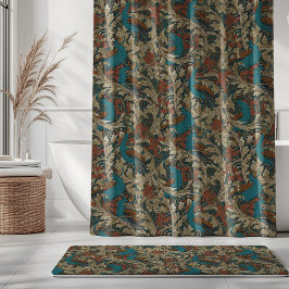 Cortina Para Box Peacock Garden in Teal Blue Rust Mustard Beige