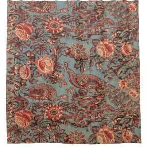 CORTINA PARA BOX PEACOCKS E ROSES DE PINCO VERMELHO, PADRÃO AZUL