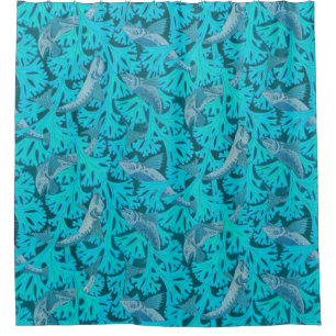 Cortina Para Box PEIXES E ALGARES EM AQUA BLUE Art Nouveau PADRÃO