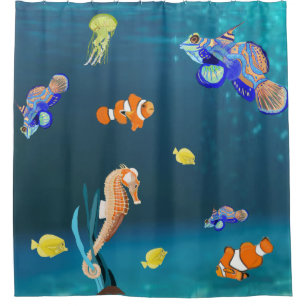 Cortina Para Box Peixes tropicais coloridos e cavalo de mar