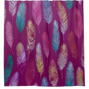 Cortina Para Box Penas coloridas: padrão de fundo roxo.