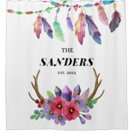 Cortina Para Box Penas e flores coloridas da família personalizada 