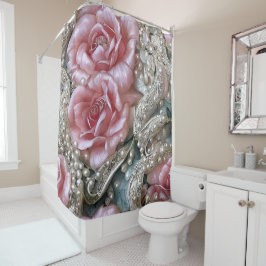 Cortina Para Box Pérolas Vintage e Padrão de Rosas Rosa